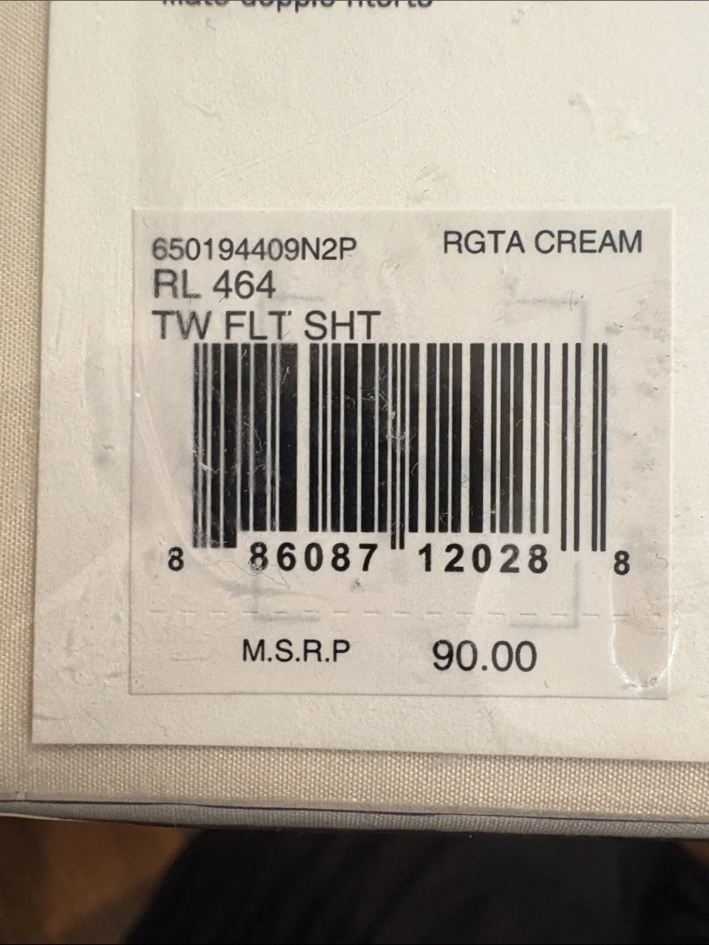 Ralph Lauren 464 Solid Percale Twin Flat Sheet Packaged New Regatta Cream $90